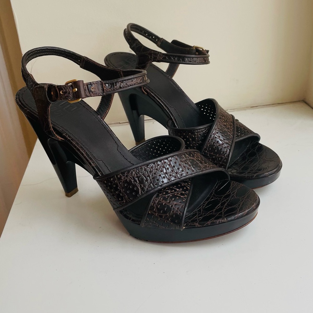Givenchy Dark Brown Croc-Embossed Leather Ankle-Strap Heels